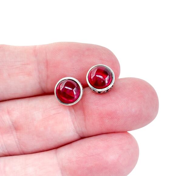 Vintage Sterling Silver 925 Synthetic Ruby Red Cabochon Stud Earrings - Picture 1 of 9
